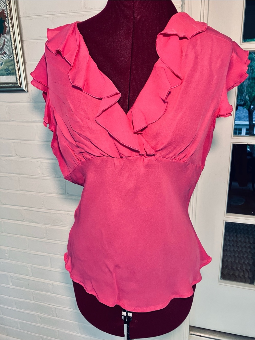 S.L.B. | 100% Silk Ruffle V-Neck Blouse | Hot Pink | Flutter Sleeves | Size L